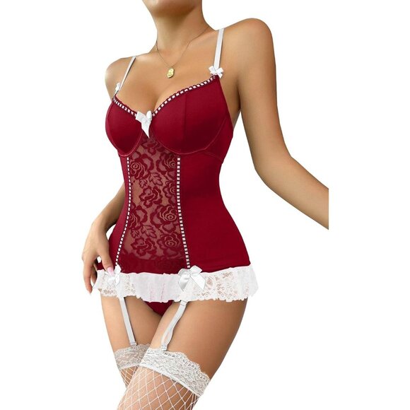 Sexy Floral Lace Garter Belt Babydol Corset Push Up Burgundy White Lingerie Set - Picture 3 of 5